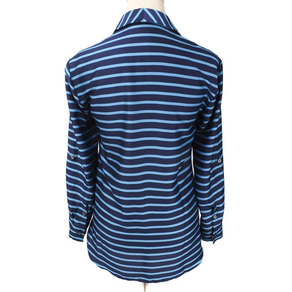 ANN TAYLOR Navy & Blue Striped 1/2 Button Blouse - Picture 3 of 5